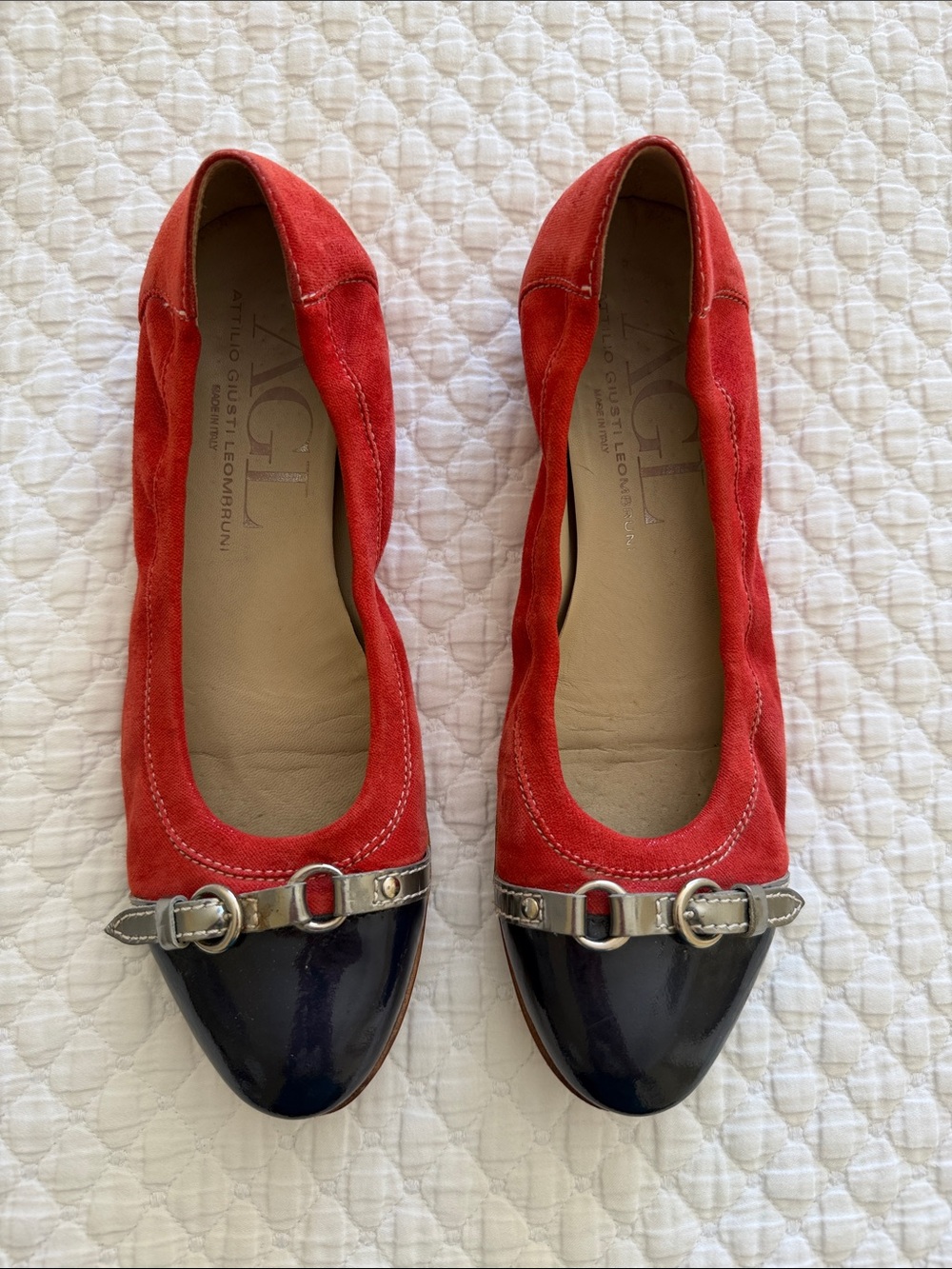 Attilio Giusti Leombruni Red Suede Flats with Blue Patent Cap and Silver Buckle